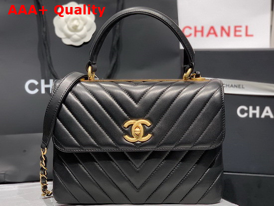 Chanel Flap Bag with Top Handle in Chevron Lambskin Black with Gold Hardware Replica