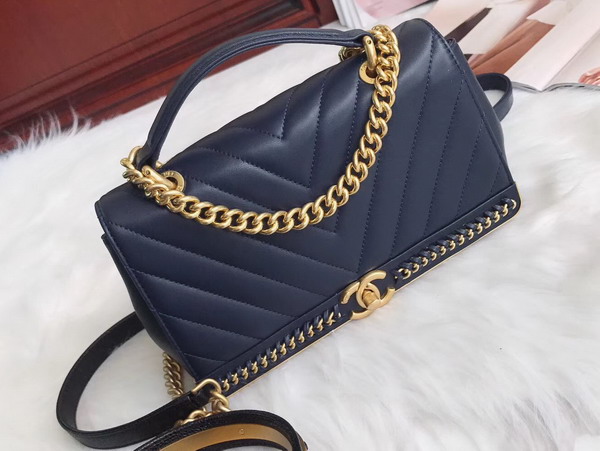 Chanel Flap Bag with Top Handle in Navy Blue Lambskin Gold Tone Metal For Sale