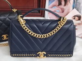 Chanel Flap Bag with Top Handle in Navy Blue Lambskin Gold Tone Metal For Sale