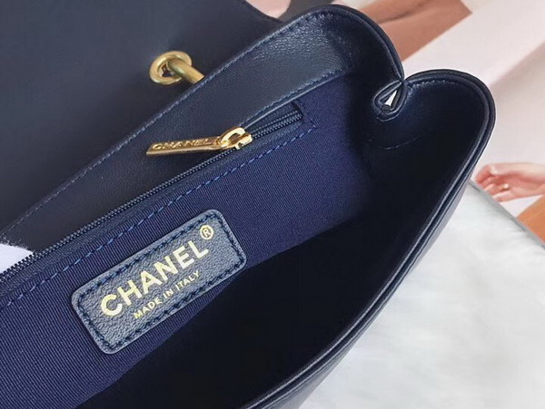 Chanel Flap Bag with Top Handle in Navy Blue Lambskin Gold Tone Metal For Sale