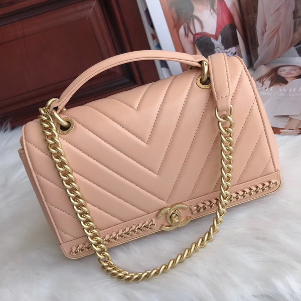 Chanel Flap Bag with Top Handle in Pink Lambskin Gold Tone Metal For Sale