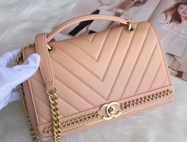 Chanel Flap Bag with Top Handle in Pink Lambskin Gold Tone Metal For Sale