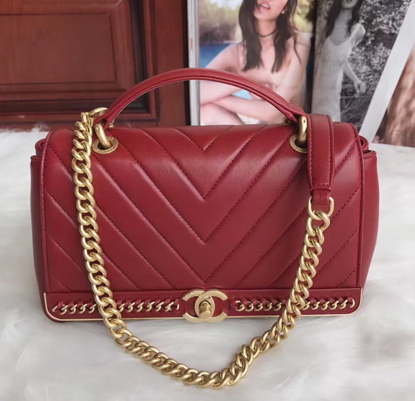 Chanel Flap Bag with Top Handle in Red Lambskin Gold Tone Metal For Sale