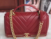 Chanel Flap Bag with Top Handle in Red Lambskin Gold Tone Metal For Sale