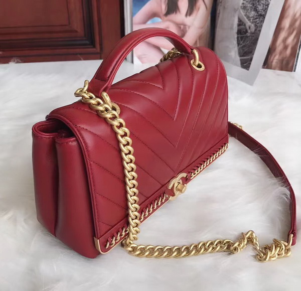 Chanel Flap Bag with Top Handle in Red Lambskin Gold Tone Metal For Sale