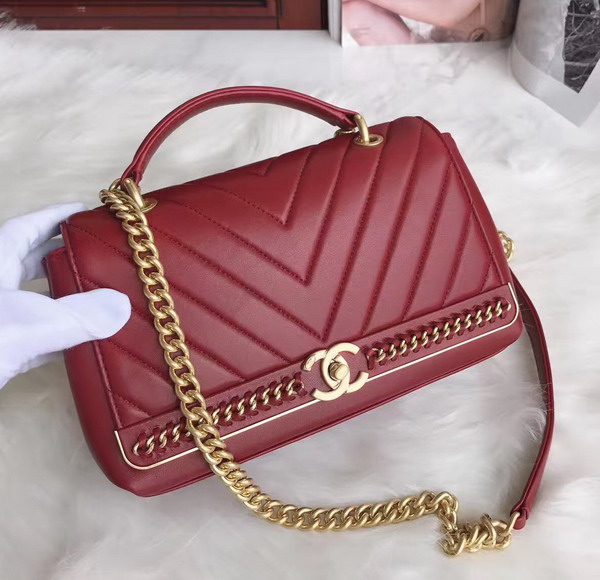 Chanel Flap Bag with Top Handle in Red Lambskin Gold Tone Metal For Sale