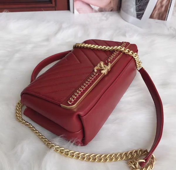 Chanel Flap Bag with Top Handle in Red Lambskin Gold Tone Metal For Sale