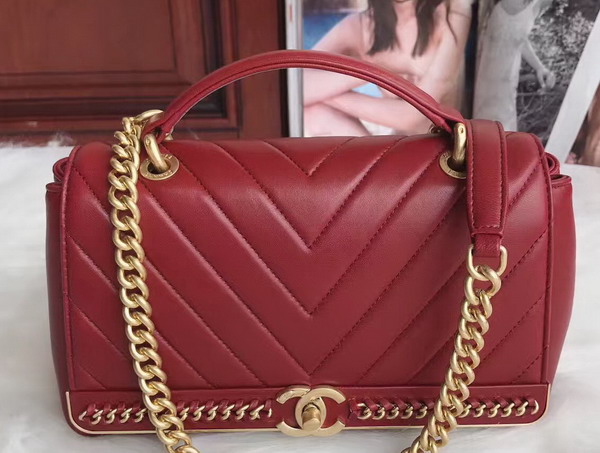 Chanel Flap Bag with Top Handle in Red Lambskin Gold Tone Metal For Sale