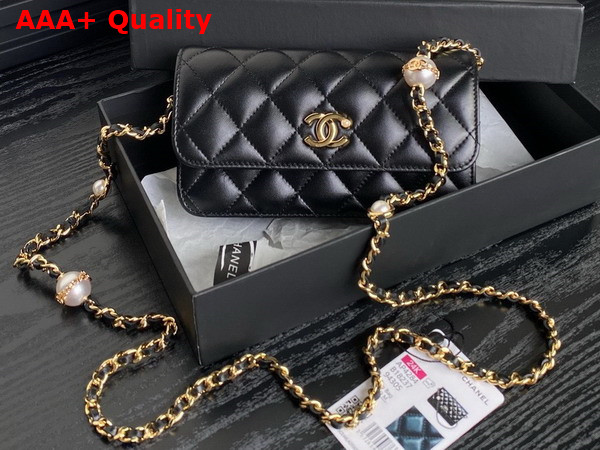 Chanel Flap Phone Holder with Chain Black Shiny Lambskin Imitation Pearls Gold Tone Metal AP4284 Replica