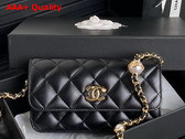 Chanel Flap Phone Holder with Chain Black Shiny Lambskin Imitation Pearls Gold Tone Metal AP4284 Replica