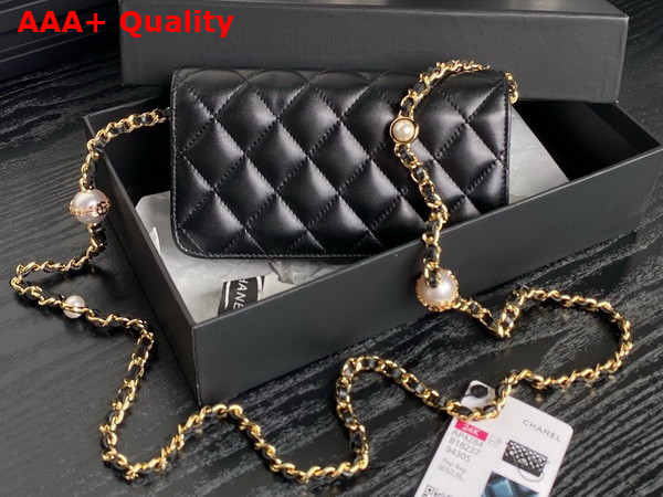 Chanel Flap Phone Holder with Chain Black Shiny Lambskin Imitation Pearls Gold Tone Metal AP4284 Replica