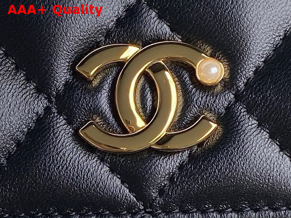 Chanel Flap Phone Holder with Chain Black Shiny Lambskin Imitation Pearls Gold Tone Metal AP4284 Replica