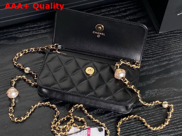 Chanel Flap Phone Holder with Chain Black Shiny Lambskin Imitation Pearls Gold Tone Metal AP4284 Replica