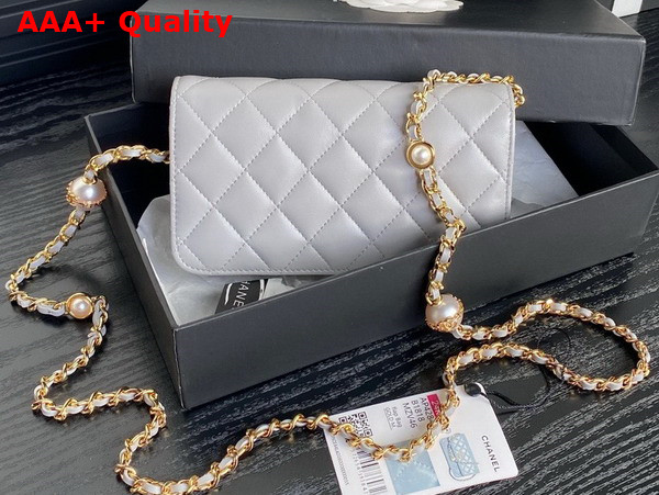 Chanel Flap Phone Holder with Chain Gray Shiny Lambskin Imitation Pearls Gold Tone Metal AP4284 Replica