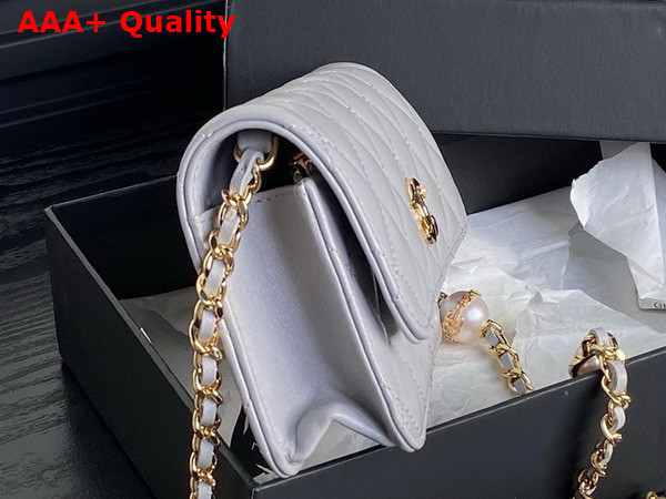 Chanel Flap Phone Holder with Chain Gray Shiny Lambskin Imitation Pearls Gold Tone Metal AP4284 Replica