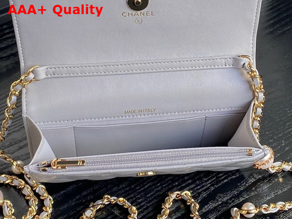 Chanel Flap Phone Holder with Chain Gray Shiny Lambskin Imitation Pearls Gold Tone Metal AP4284 Replica