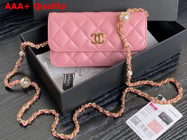 Chanel Flap Phone Holder with Chain Pink Shiny Lambskin Imitation Pearls Gold Tone Metal AP4284 Replica