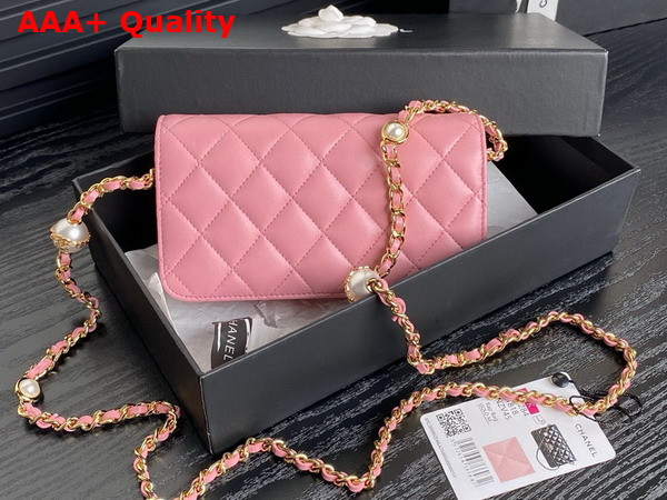 Chanel Flap Phone Holder with Chain Pink Shiny Lambskin Imitation Pearls Gold Tone Metal AP4284 Replica