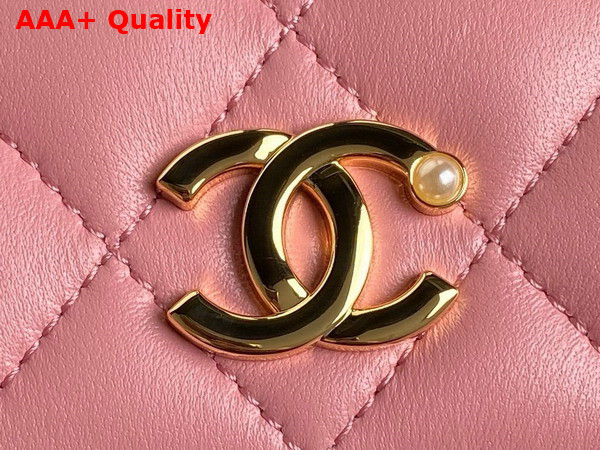 Chanel Flap Phone Holder with Chain Pink Shiny Lambskin Imitation Pearls Gold Tone Metal AP4284 Replica