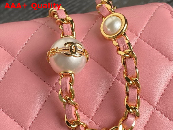 Chanel Flap Phone Holder with Chain Pink Shiny Lambskin Imitation Pearls Gold Tone Metal AP4284 Replica