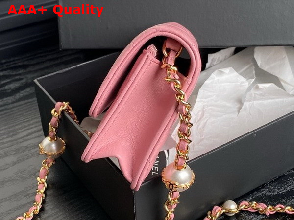 Chanel Flap Phone Holder with Chain Pink Shiny Lambskin Imitation Pearls Gold Tone Metal AP4284 Replica