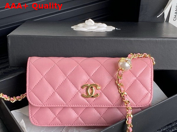 Chanel Flap Phone Holder with Chain Pink Shiny Lambskin Imitation Pearls Gold Tone Metal AP4284 Replica