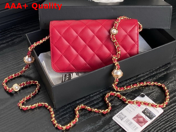 Chanel Flap Phone Holder with Chain Red Shiny Lambskin Imitation Pearls Gold Tone Metal AP4284 Replica