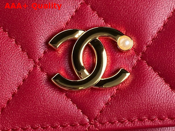 Chanel Flap Phone Holder with Chain Red Shiny Lambskin Imitation Pearls Gold Tone Metal AP4284 Replica