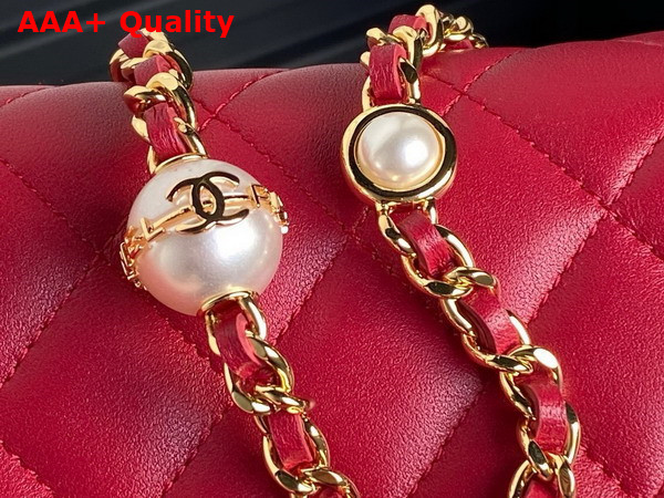 Chanel Flap Phone Holder with Chain Red Shiny Lambskin Imitation Pearls Gold Tone Metal AP4284 Replica