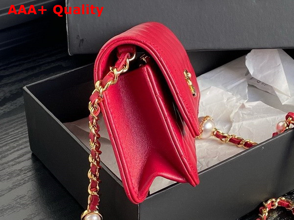 Chanel Flap Phone Holder with Chain Red Shiny Lambskin Imitation Pearls Gold Tone Metal AP4284 Replica