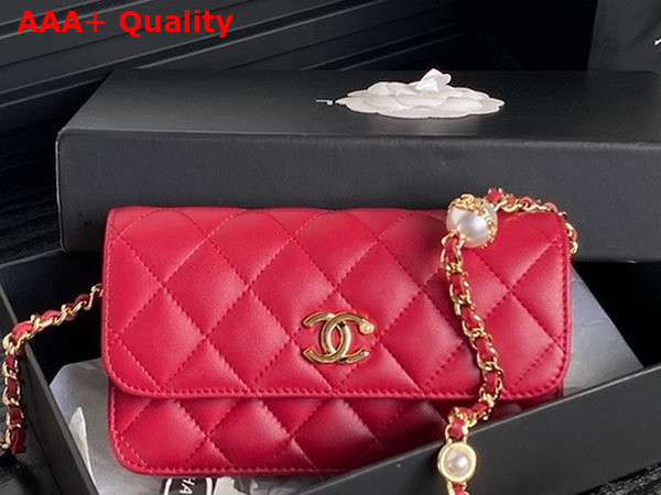 Chanel Flap Phone Holder with Chain Red Shiny Lambskin Imitation Pearls Gold Tone Metal AP4284 Replica