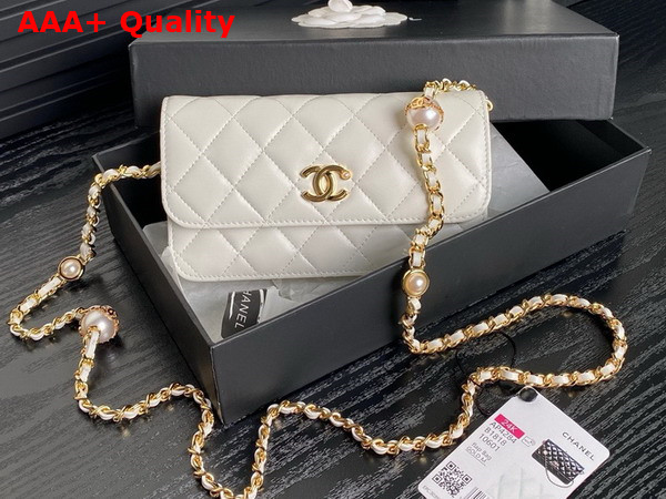 Chanel Flap Phone Holder with Chain White Shiny Lambskin Imitation Pearls Gold Tone Metal AP4284 Replica