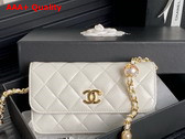 Chanel Flap Phone Holder with Chain White Shiny Lambskin Imitation Pearls Gold Tone Metal AP4284 Replica