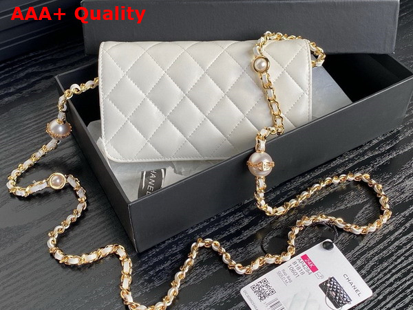 Chanel Flap Phone Holder with Chain White Shiny Lambskin Imitation Pearls Gold Tone Metal AP4284 Replica