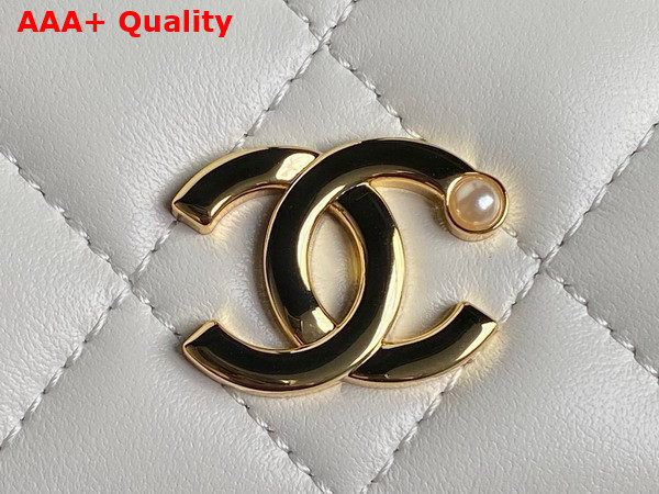 Chanel Flap Phone Holder with Chain White Shiny Lambskin Imitation Pearls Gold Tone Metal AP4284 Replica