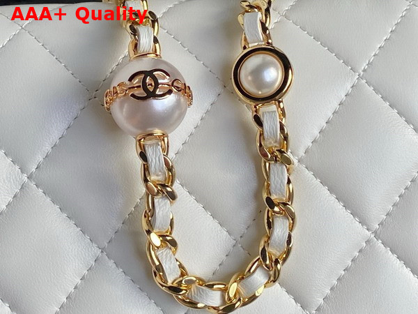 Chanel Flap Phone Holder with Chain White Shiny Lambskin Imitation Pearls Gold Tone Metal AP4284 Replica