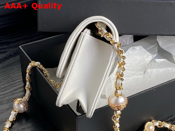 Chanel Flap Phone Holder with Chain White Shiny Lambskin Imitation Pearls Gold Tone Metal AP4284 Replica