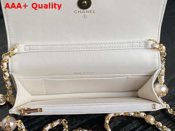 Chanel Flap Phone Holder with Chain White Shiny Lambskin Imitation Pearls Gold Tone Metal AP4284 Replica