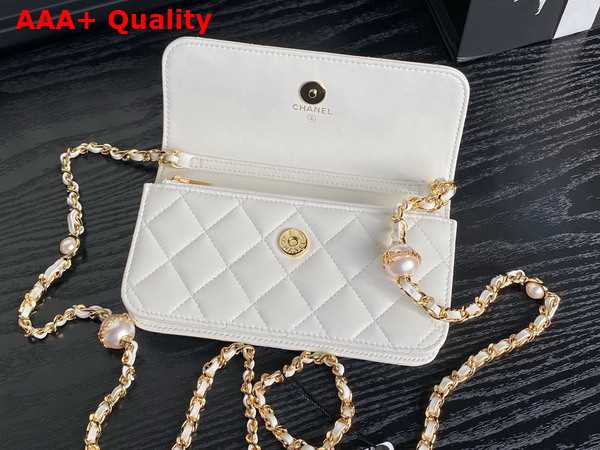 Chanel Flap Phone Holder with Chain White Shiny Lambskin Imitation Pearls Gold Tone Metal AP4284 Replica