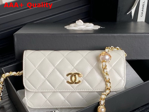 Chanel Flap Phone Holder with Chain White Shiny Lambskin Imitation Pearls Gold Tone Metal AP4284 Replica