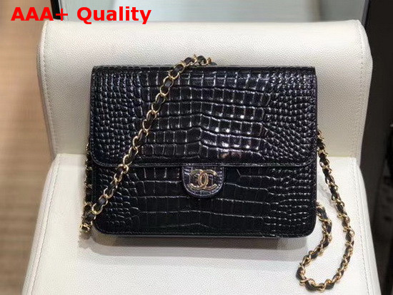 Chanel Flap Wallet On Chain Black Crocodile Embossed Calfskin Replica