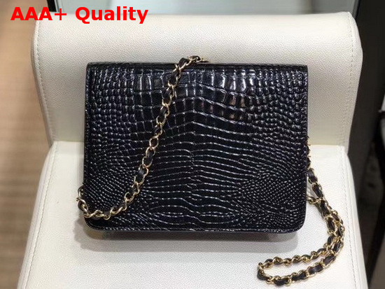 Chanel Flap Wallet On Chain Black Crocodile Embossed Calfskin Replica