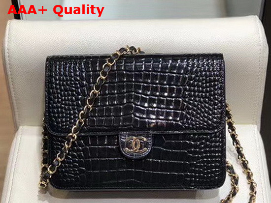 Chanel Flap Wallet On Chain Black Crocodile Embossed Calfskin Replica