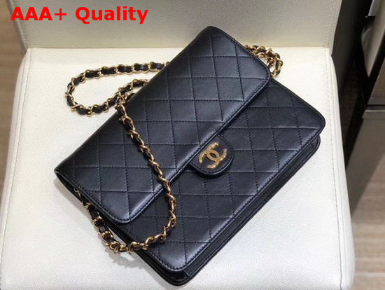 Chanel Flap Wallet On Chain Black Lambskin Light Gold Metal Replica