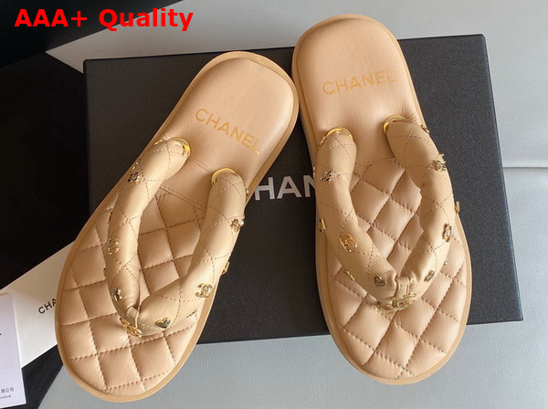 Chanel Flat Comfort Thong Sandal in Beige Quilted Lambskin Replica