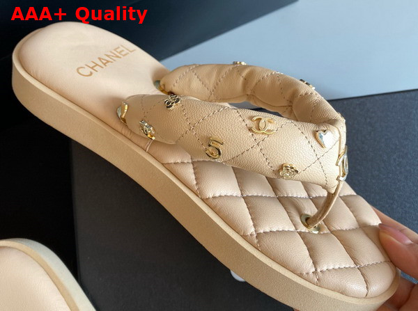 Chanel Flat Comfort Thong Sandal in Beige Quilted Lambskin Replica