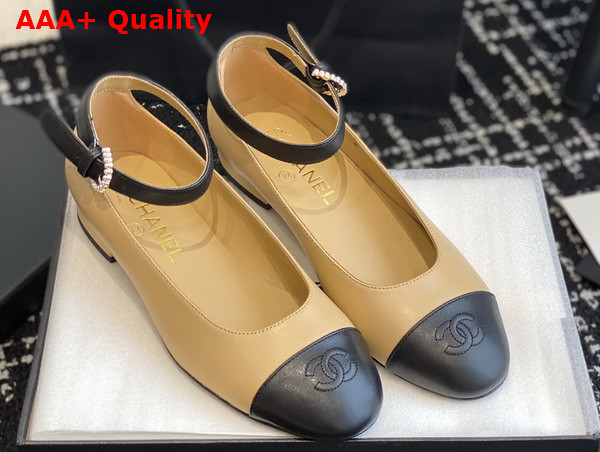 Chanel Flat Pump in Beige and Black Lambskin Replica