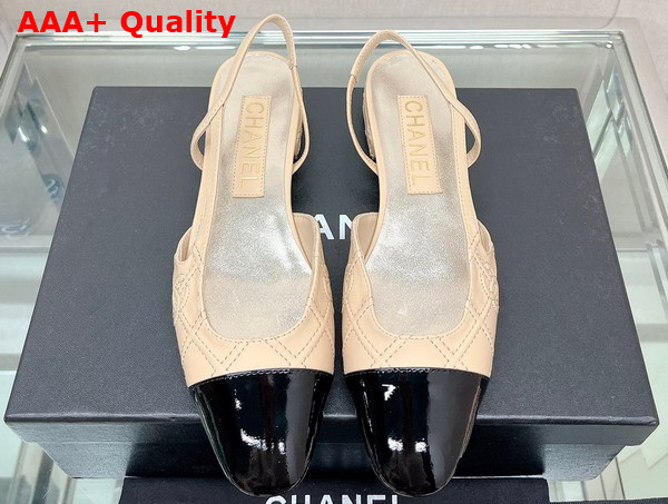 Chanel Flat Slingback Ballerina Shoes in Beige Embroidered Lambskin and Black Patent Calfskin Replica