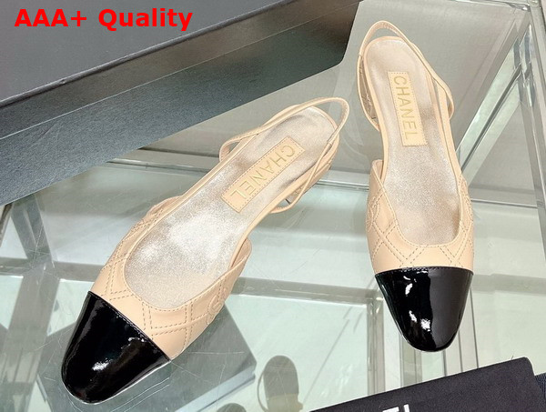 Chanel Flat Slingback Ballerina Shoes in Beige Embroidered Lambskin and Black Patent Calfskin Replica