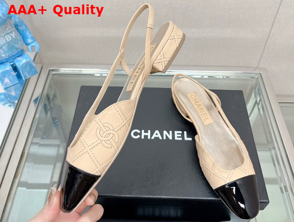 Chanel Flat Slingback Ballerina Shoes in Beige Embroidered Lambskin and Black Patent Calfskin Replica